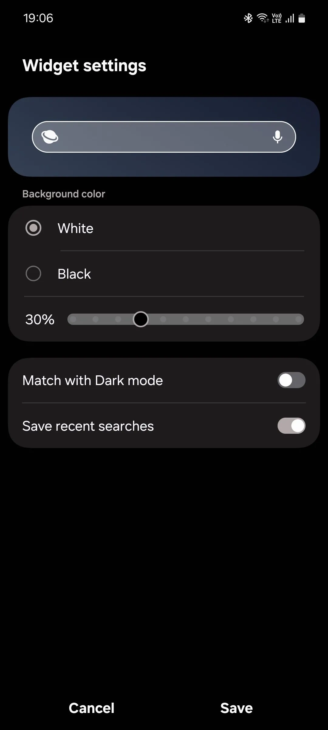 Menu tùy chỉnh widget tìm kiếm của Samsung Internet, cho phép người dùng điều chỉnh giao diện và chức năng của phím tắt.