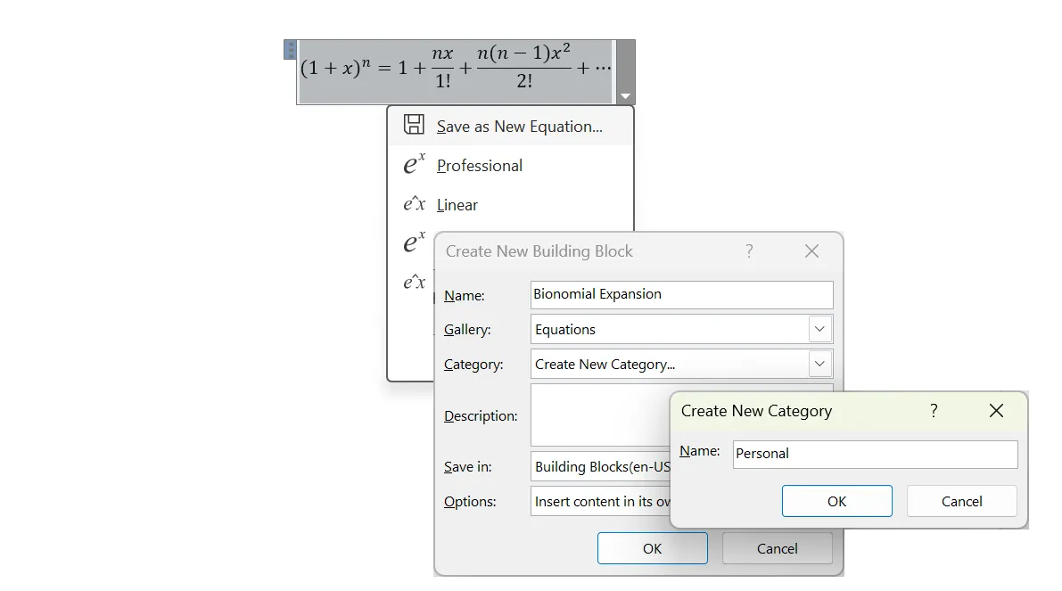 Menu tùy chọn để lưu công thức toán học đã tạo thành công thức mới trong Equation Editor của Microsoft Word.