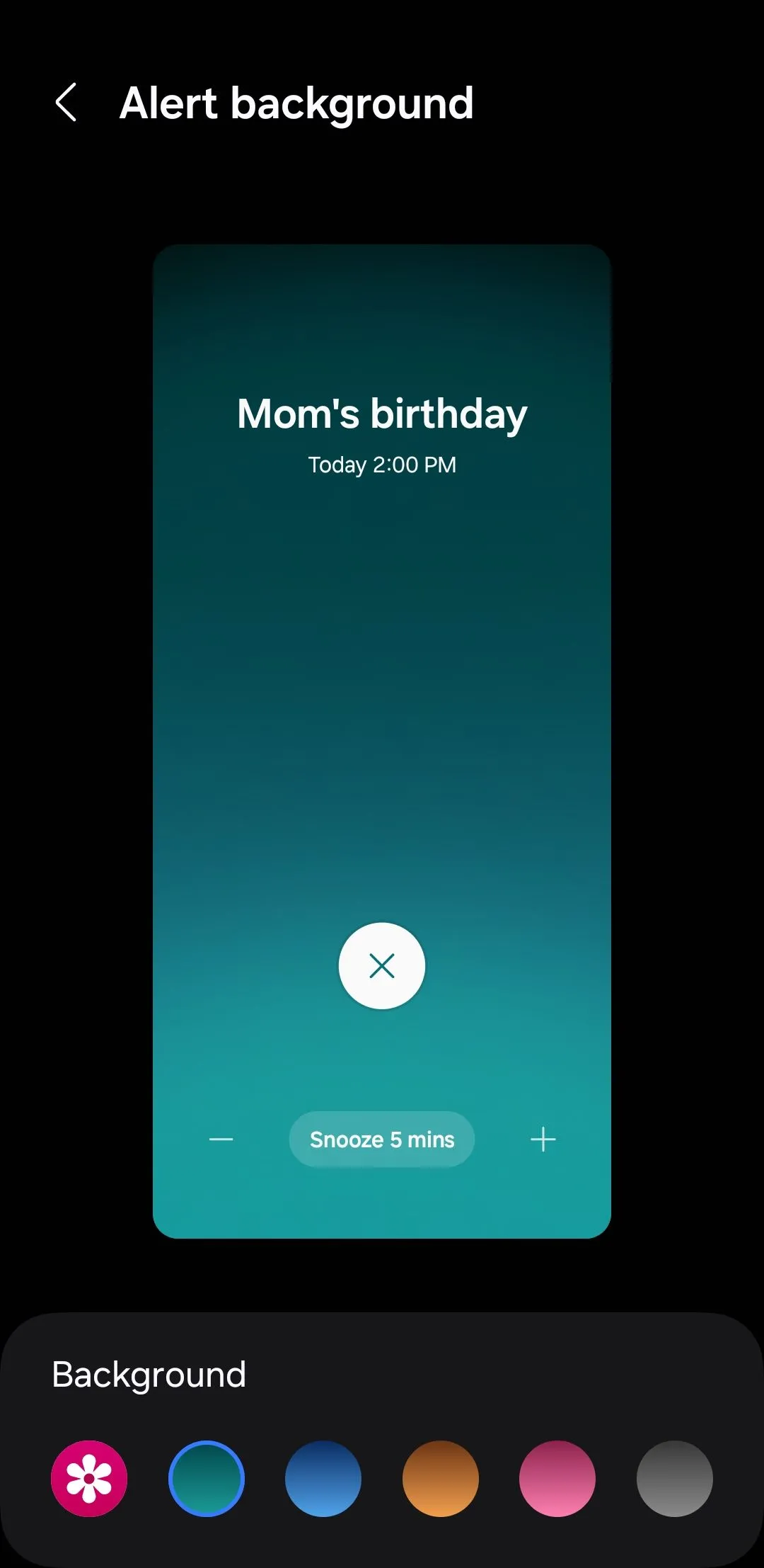 Menu tùy chọn nền thông báo trong Samsung Calendar