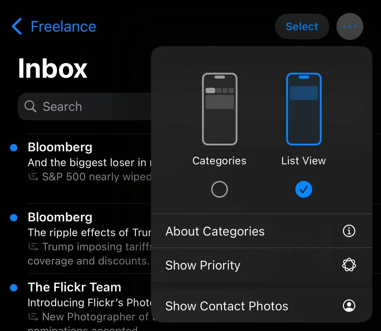 Menu tùy chọn trong ứng dụng Mail iOS 18.5 beta 1, hiển thị các lựa chọn như Hiện ảnh liên hệ và Hộp thư ưu tiên