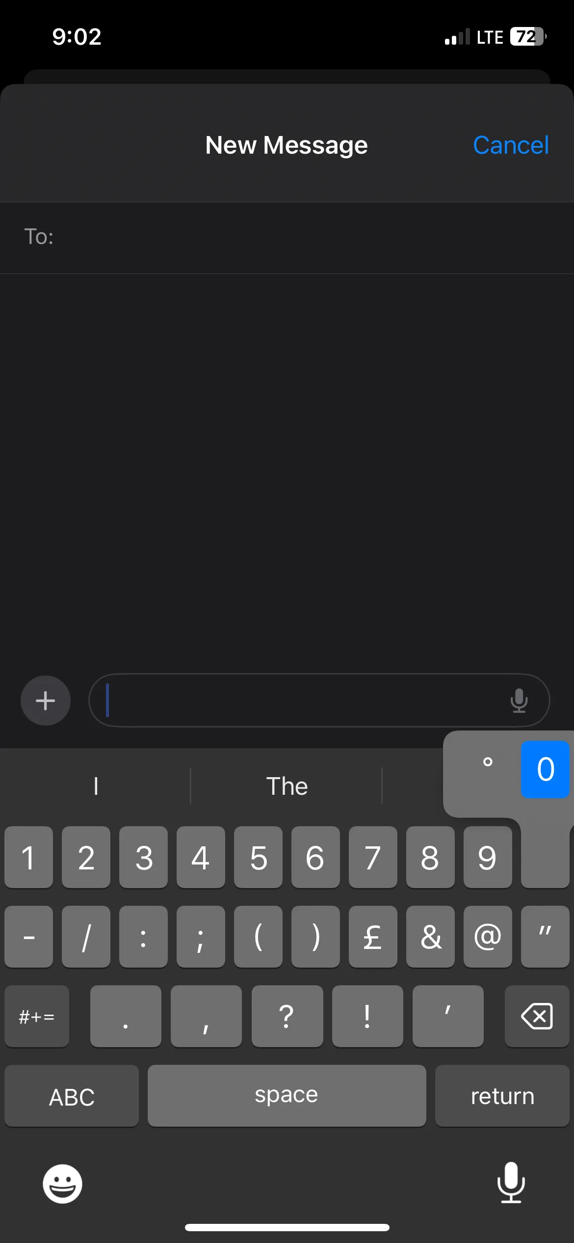 Menu tùy chọn xuất hiện khi bạn nhấn giữ phím số 0 trên bàn phím iPhone để chọn ký hiệu độ.
