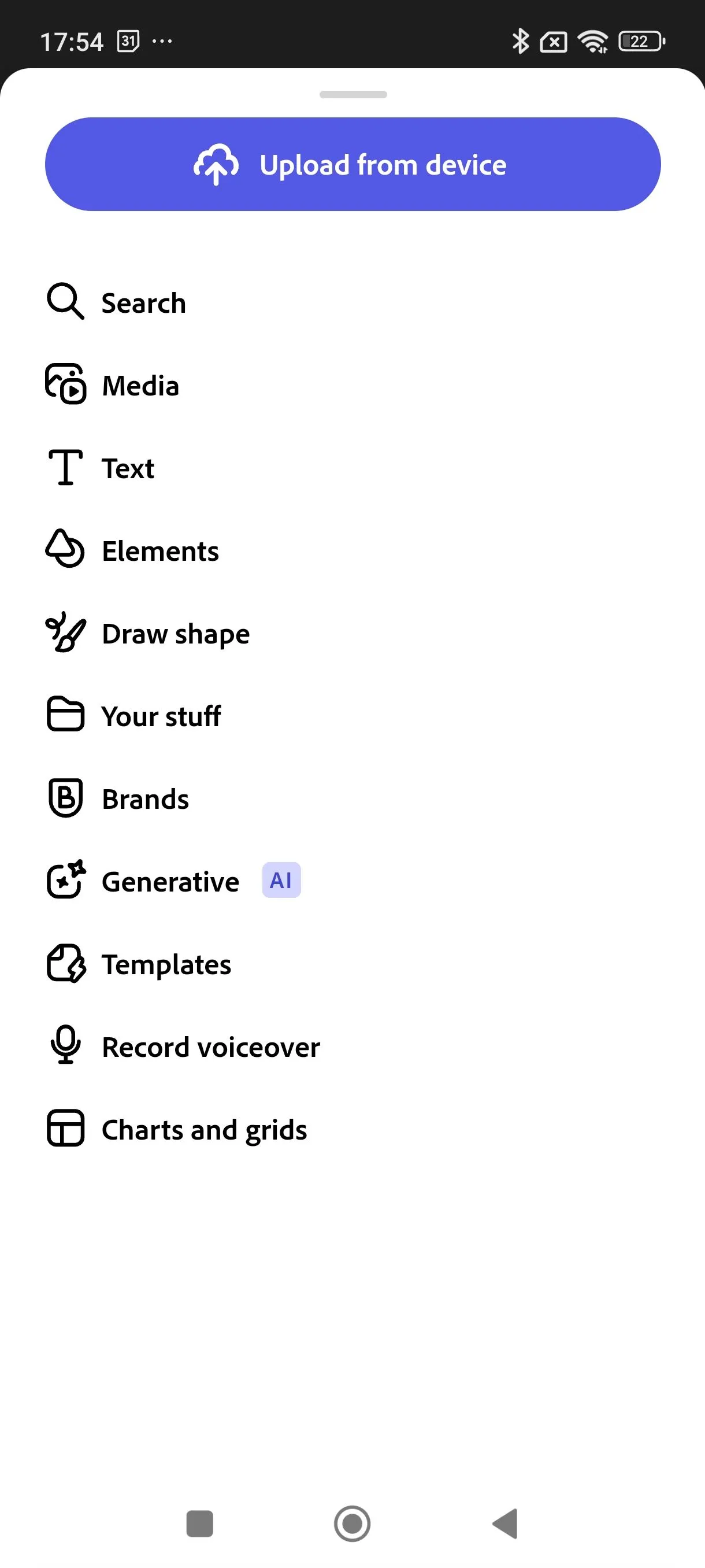 Menu ứng dụng Adobe Express trên di động không hiển thị mục Add-Ons