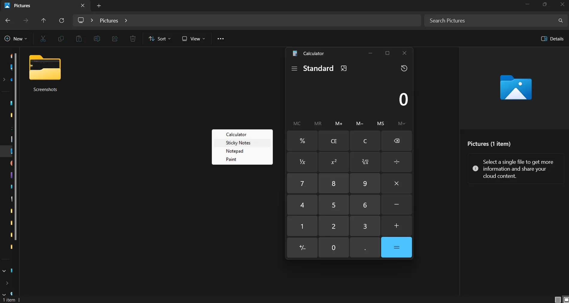 Menu ứng dụng nhanh tùy chỉnh được tạo bằng AutoHotkey, hiển thị các công cụ tiện ích như Máy tính, Sticky Notes và Notepad.