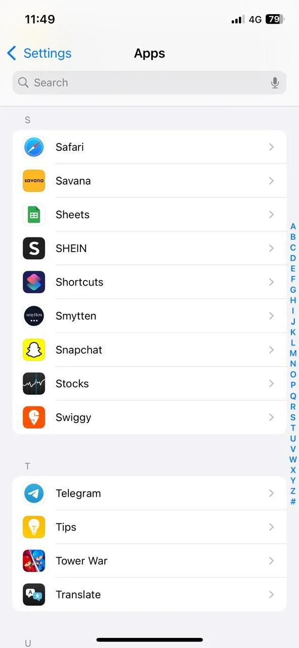 Menu ứng dụng trong cài đặt iPhone để đổi công cụ tìm kiếm Safari