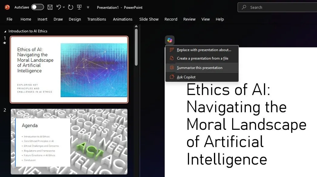 Microsoft Copilot được tích hợp trong PowerPoint, giúp tóm tắt nhanh chóng một bài thuyết trình, tiết kiệm thời gian.