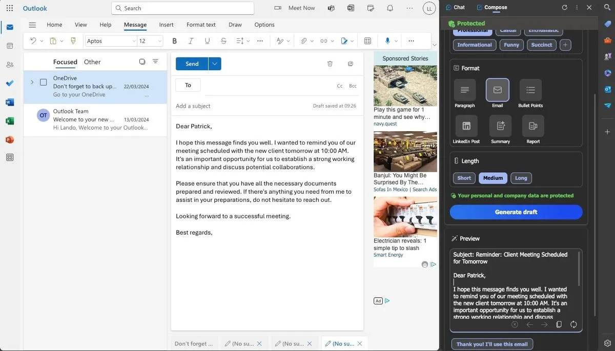 Microsoft Copilot trong trình duyệt Edge đang gợi ý bản nháp email theo dõi cuộc họp