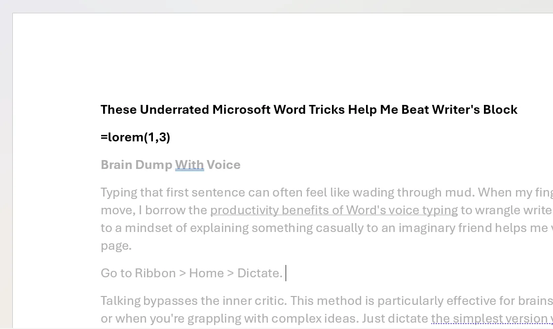 Minh họa cách chèn văn bản giả Lorem Ipsum vào Microsoft Word bằng lệnh =lorem(), hiển thị các đoạn văn bản ngẫu nhiên được tự động tạo ra để điền vào chỗ trống trong tài liệu.