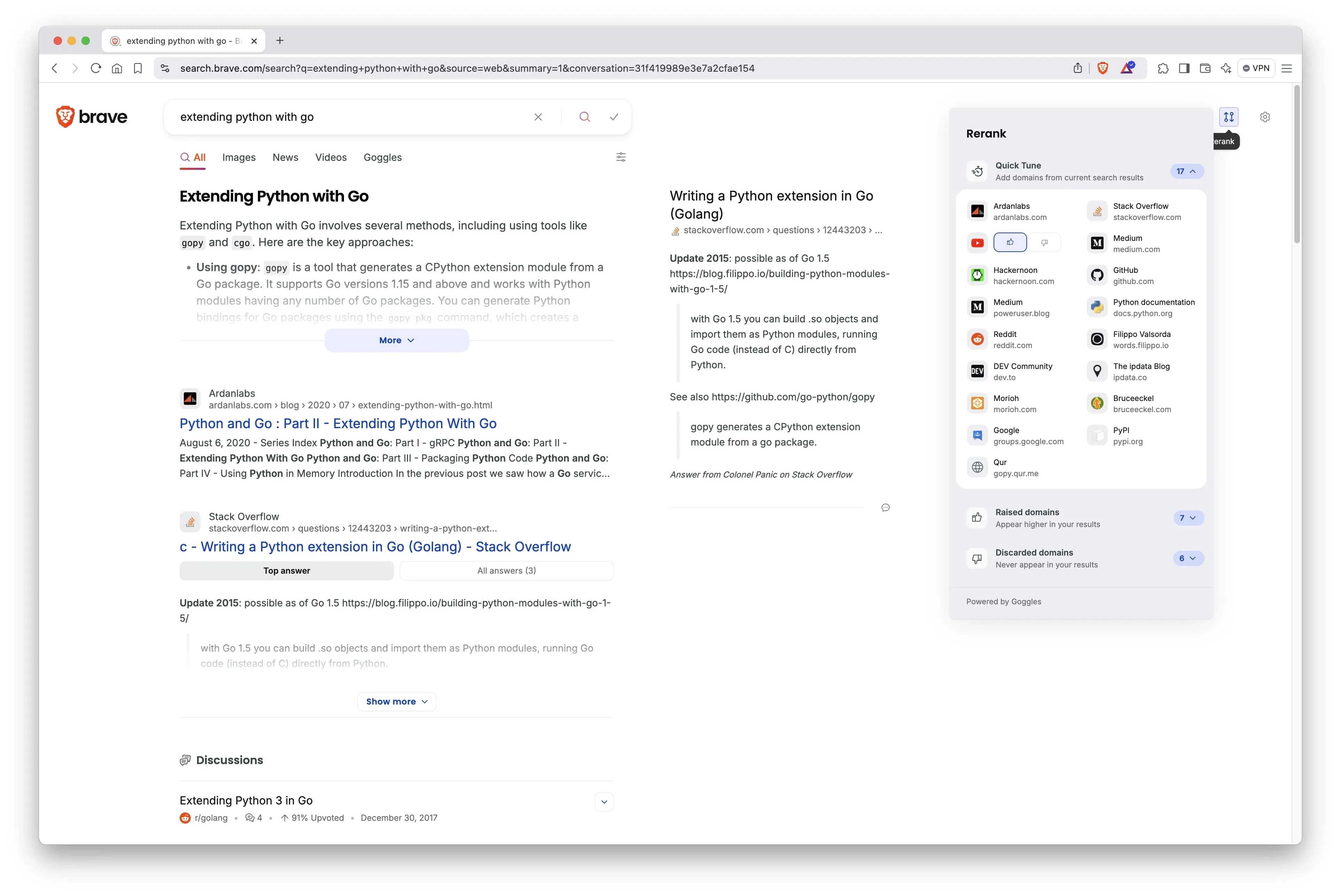 Minh họa giao diện tính năng Rerank của Brave Search, cho phép người dùng cá nhân hóa kết quả tìm kiếm