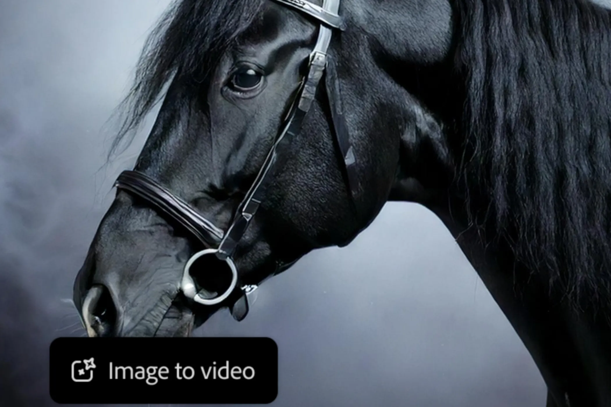 Minh họa tính năng chuyển văn bản thành video của Adobe Firefly, tạo cảnh ngựa trong sương mù sống động