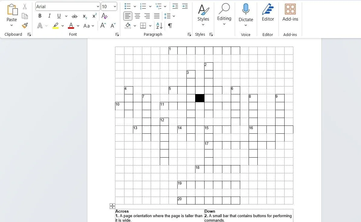 Minh họa trò chơi ô chữ được tạo trong tài liệu Microsoft Word với các ô và gợi ý