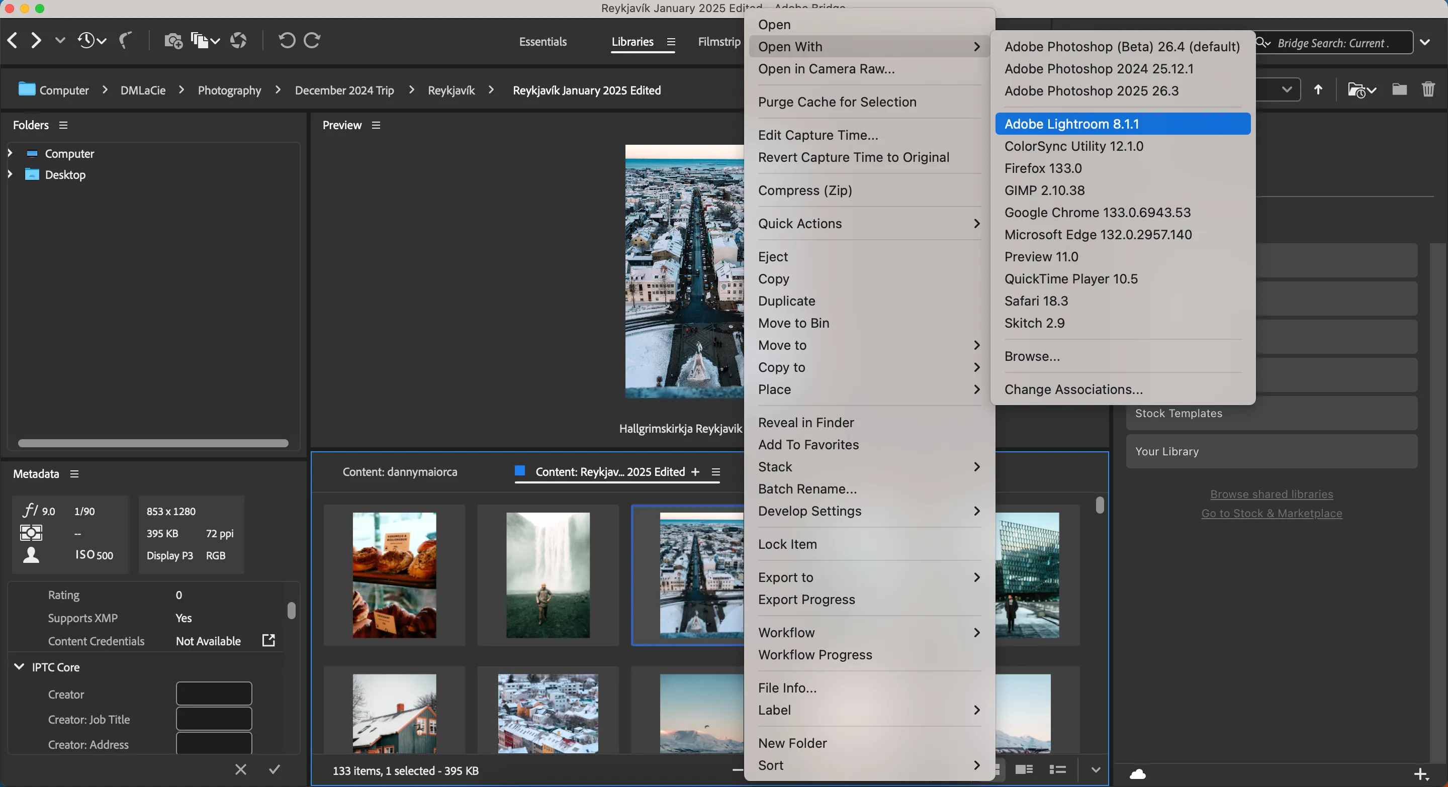 Mở ảnh trực tiếp từ Adobe Bridge sang Photoshop, Lightroom hoặc Camera Raw để chỉnh sửa.