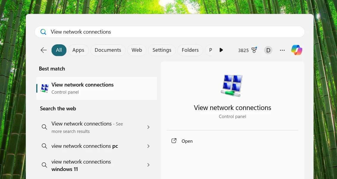 Mở cửa sổ Network Connections qua Menu Start trong Windows
