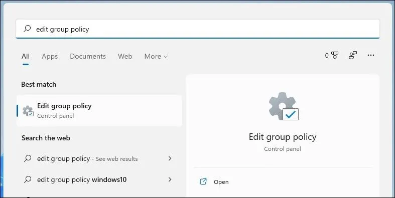 Mở Local Group Policy Editor bằng tìm kiếm Windows 11