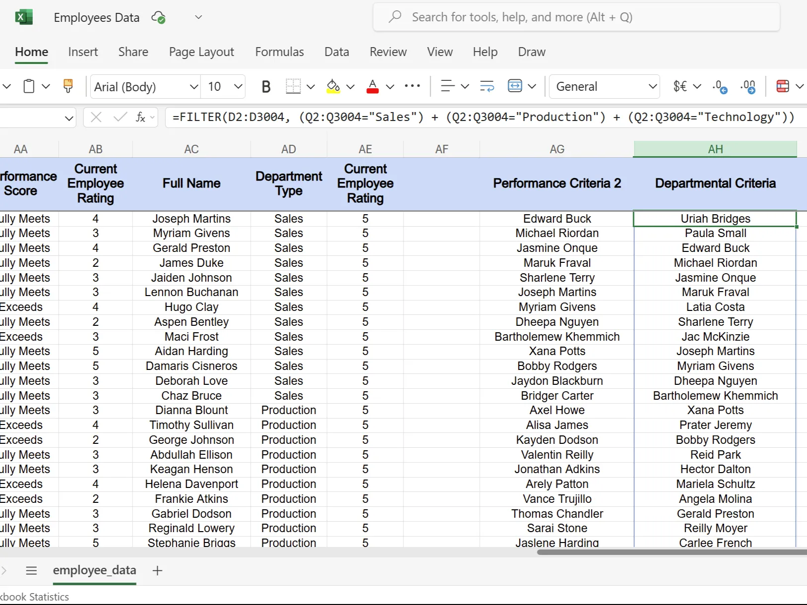 Mô tả bảng tính Excel lọc nhân viên theo nhiều phòng ban khác nhau sử dụng hàm FILTER