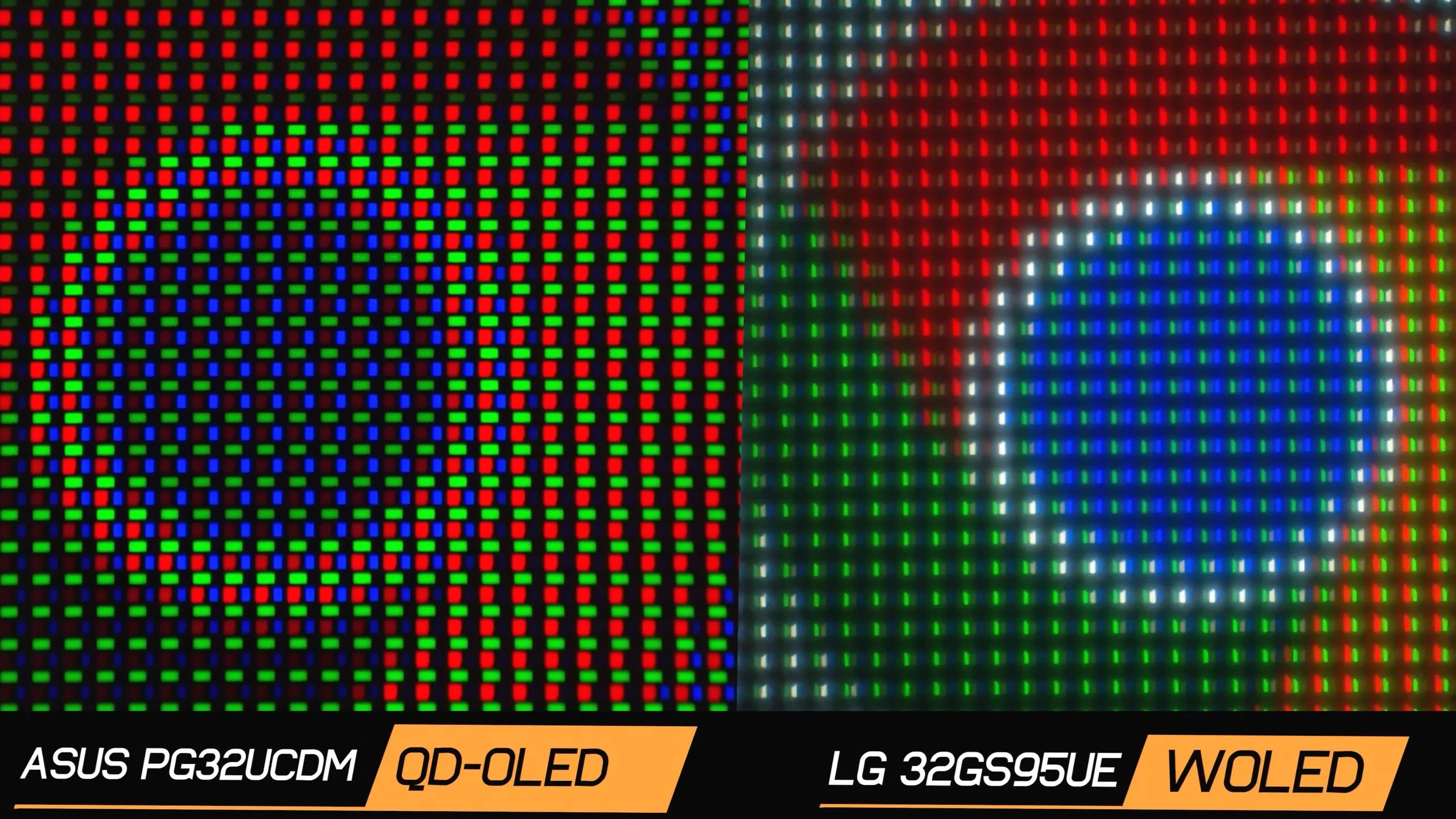 Mô tả cách bố trí subpixel khác nhau của tấm nền OLED từ Asus và LG, giải thích vấn đề hiển thị văn bản.