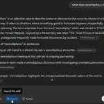 Mô tả ChatGPT Search định nghĩa từ "serendipitous" một cách chính xác và nhanh chóng.