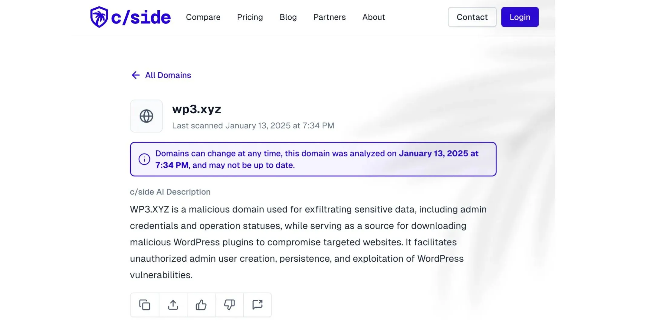 Mô tả chi tiết về tên miền độc hại WP3.XYZ và hoạt động tấn công malware trên WordPress từ báo cáo của c/side