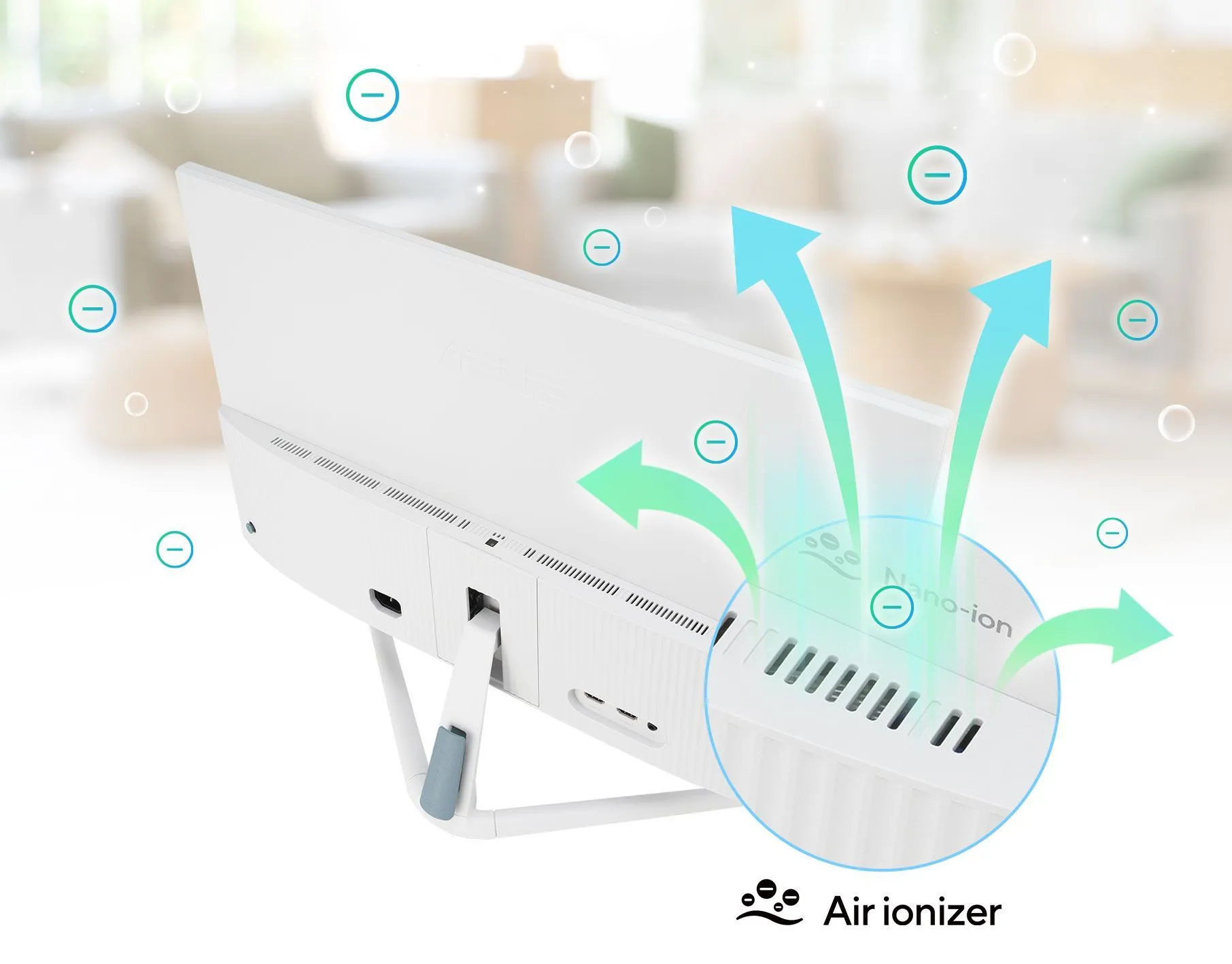Mô tả màn hình ASUS VU Air Ionizer với công nghệ lọc không khí Nano-ion đang hoạt động