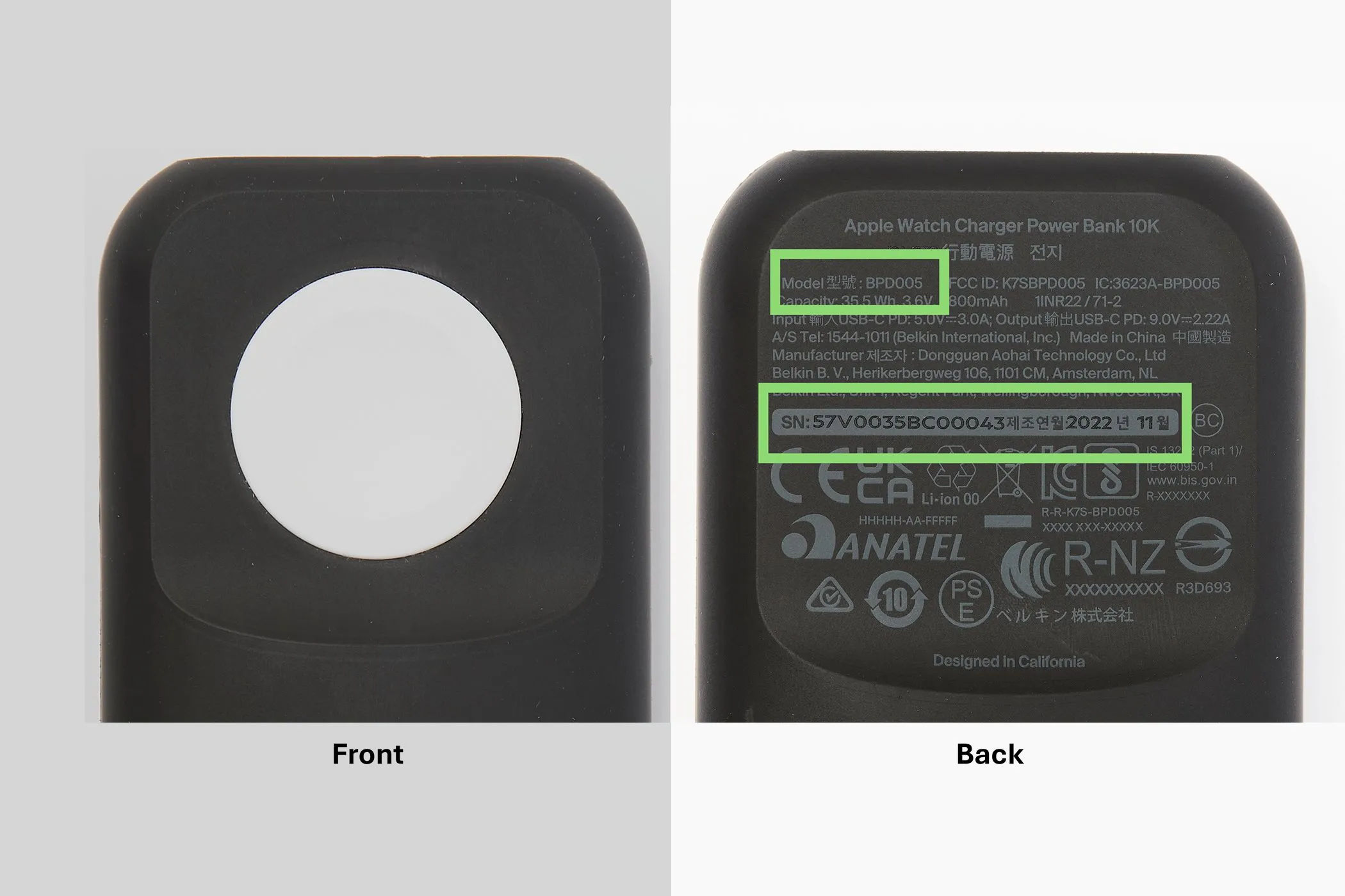 Mô tả mặt trước và mặt sau của sạc dự phòng Belkin BoostCharge Pro BPD005 với bộ sạc không dây Apple Watch