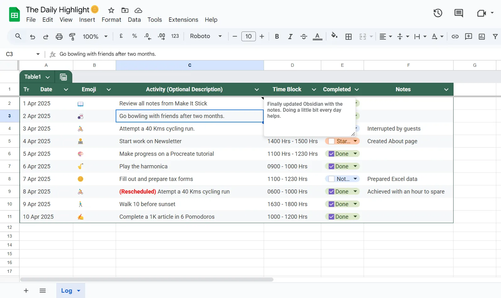 Mô tả phương pháp My Daily Highlight được theo dõi trong Google Sheets, giúp ưu tiên các nhiệm vụ quan trọng hàng ngày