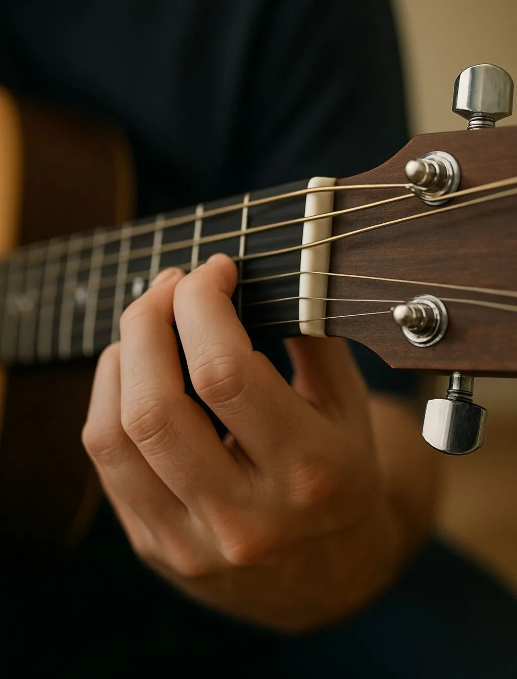 Một cận cảnh bàn tay người đang chơi hợp âm E thứ trên đàn guitar acoustic do ChatGPT 4o tạo