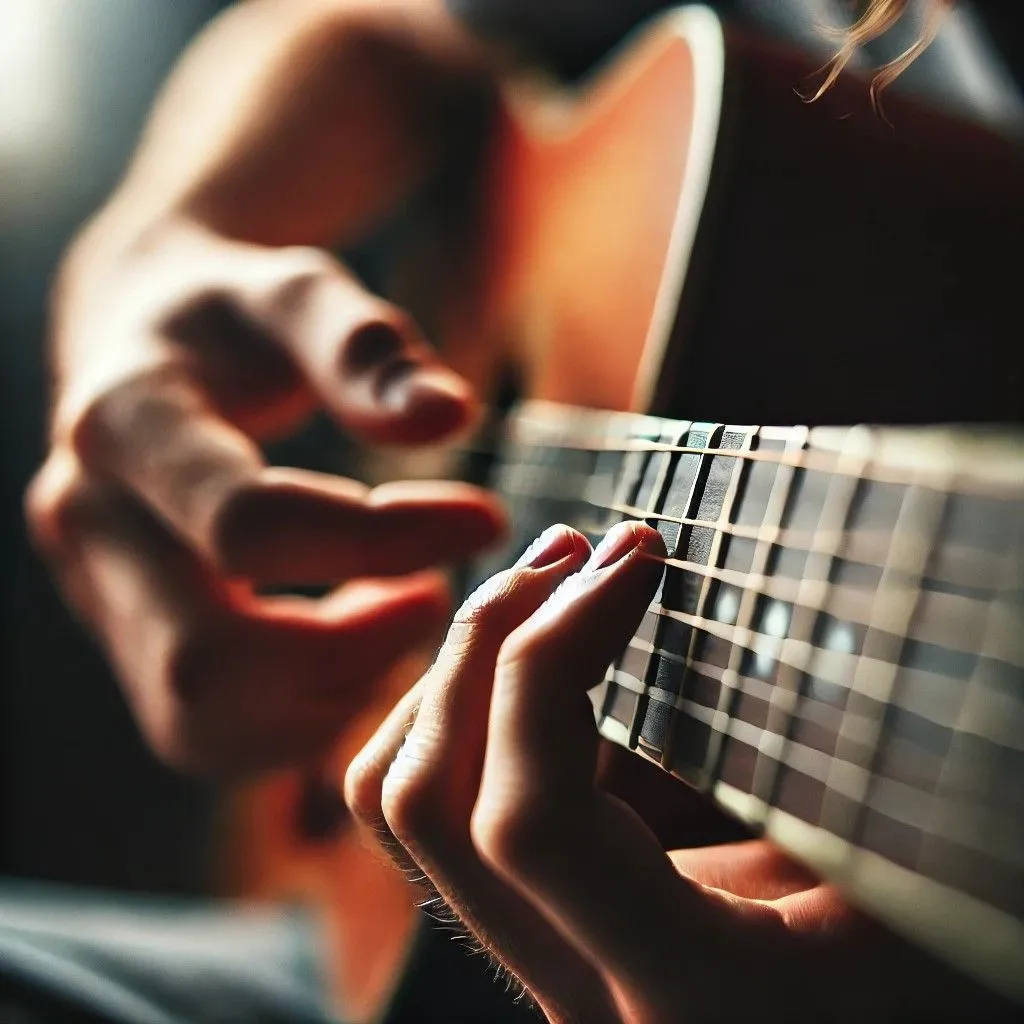 Một cận cảnh bàn tay người đang chơi hợp âm E thứ trên đàn guitar acoustic do DALL-E tạo