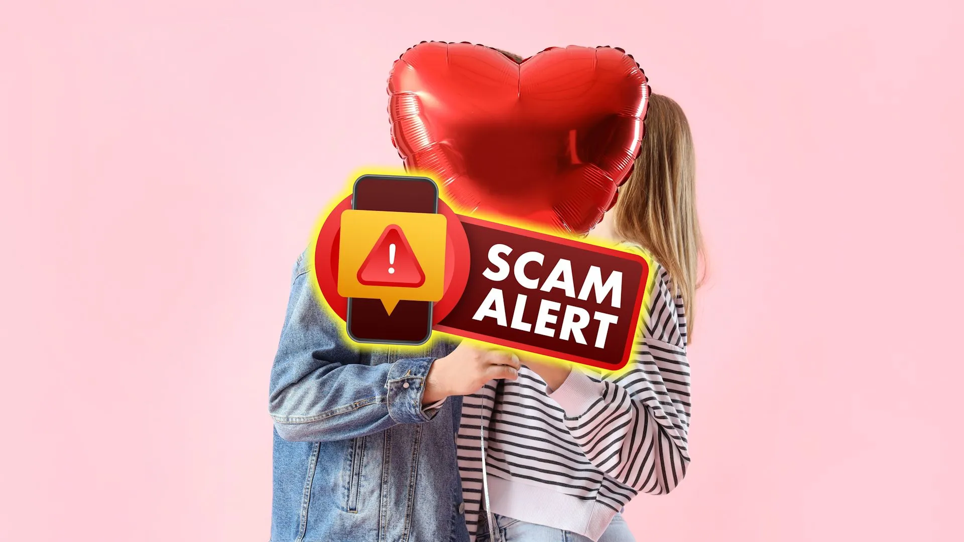 Một cặp đôi ẩn sau quả bóng bay hình trái tim với biển báo &quot;SCAM ALERT&quot;, tượng trưng cho sự nguy hiểm của lừa đảo tình cảm trực tuyến, đặc biệt là khi có sự can thiệp của AI.