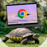 Một con rùa cõng chiếc Chromebook trên mai thể hiện tốc độ chậm chạp khi cache đầy