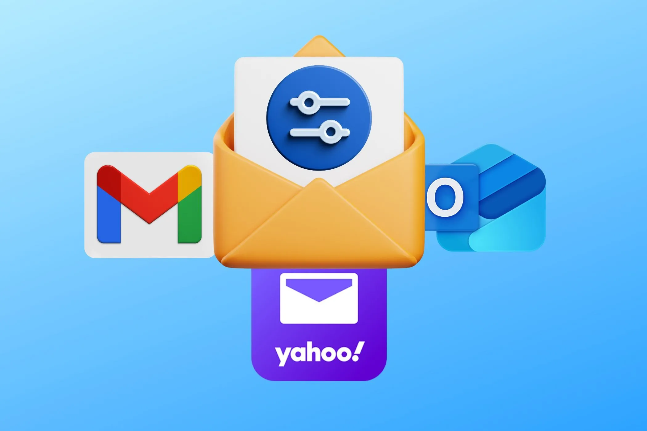 Một hộp thư điện tử với biểu tượng bộ lọc, thể hiện các dịch vụ email phổ biến như Gmail, Yahoo Mail và Outlook, minh họa cho việc quản lý email phụ khi mua sắm ẩn danh.