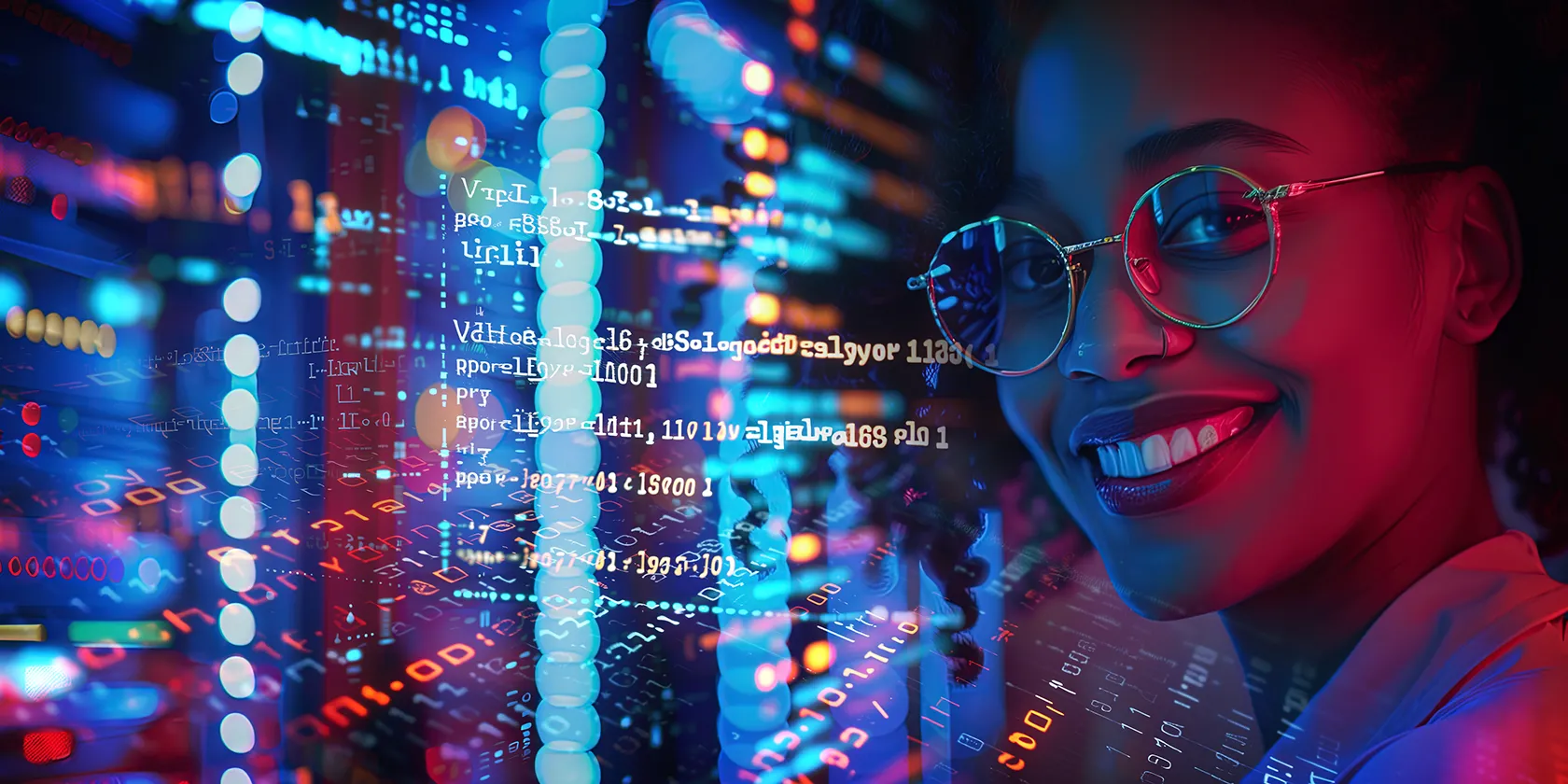 Một lập trình viên nữ đang tập trung làm việc với các dòng mã code trên màn hình, tượng trưng cho việc sử dụng desktop ảo để tách biệt môi trường lập trình
