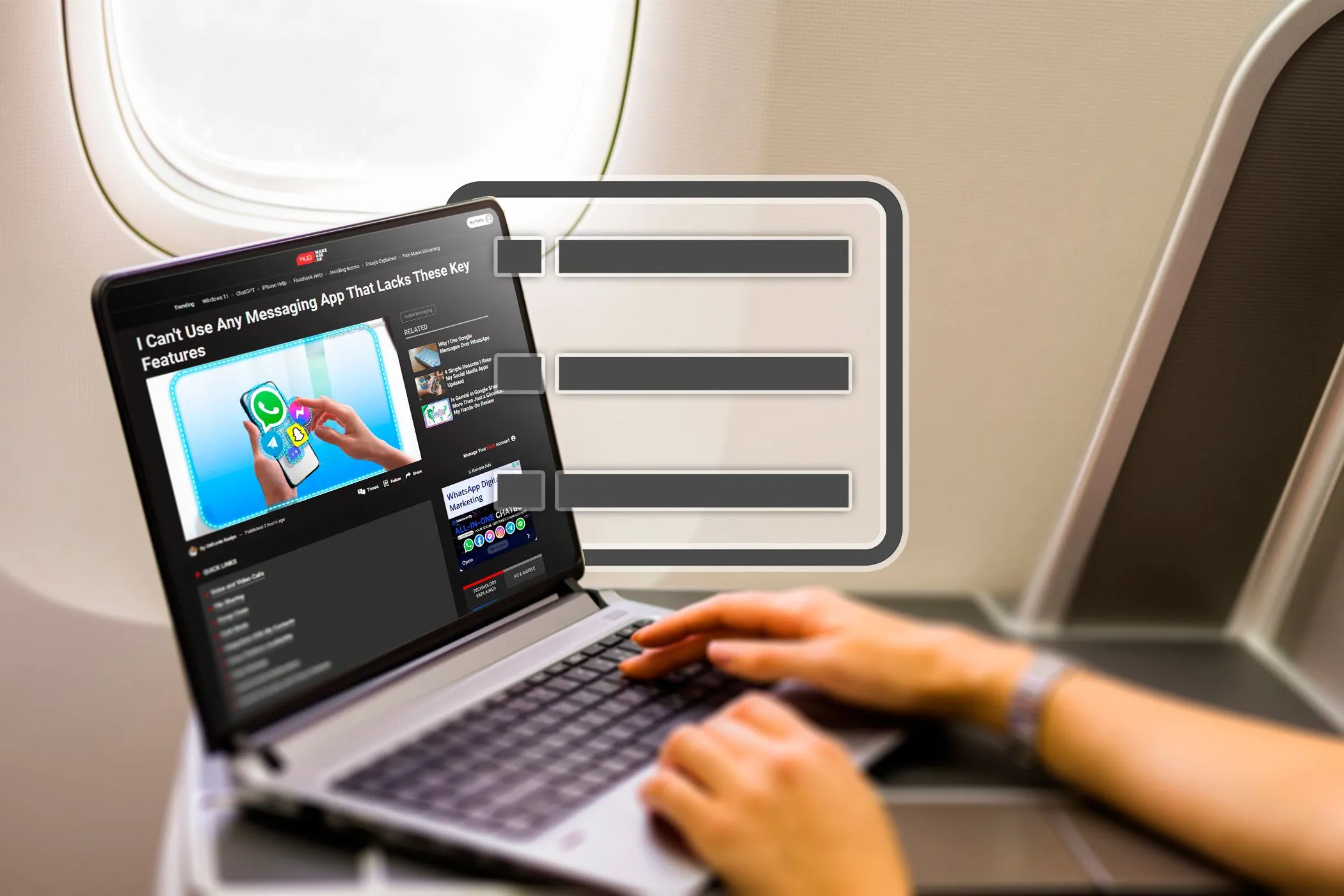 Một người dùng đang làm việc trên laptop trong cabin máy bay, với biểu tượng Danh sách đọc của Chrome, biểu thị khả năng lưu trữ bài viết để đọc sau.