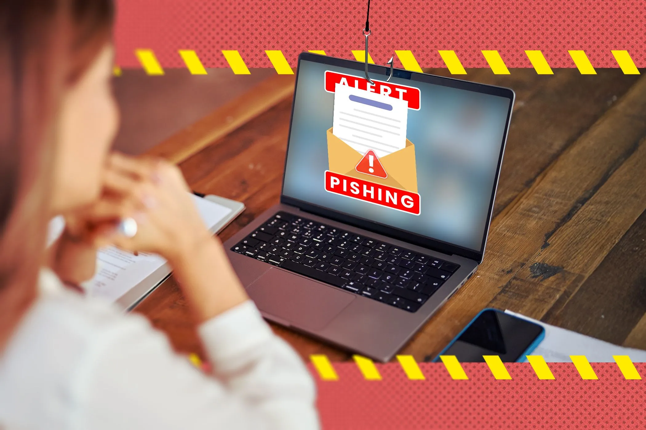Một người phụ nữ đang nhìn vào màn hình laptop hiển thị email lừa đảo (phishing), minh họa nguy cơ bị tấn công trực tuyến qua email được AI hỗ trợ.