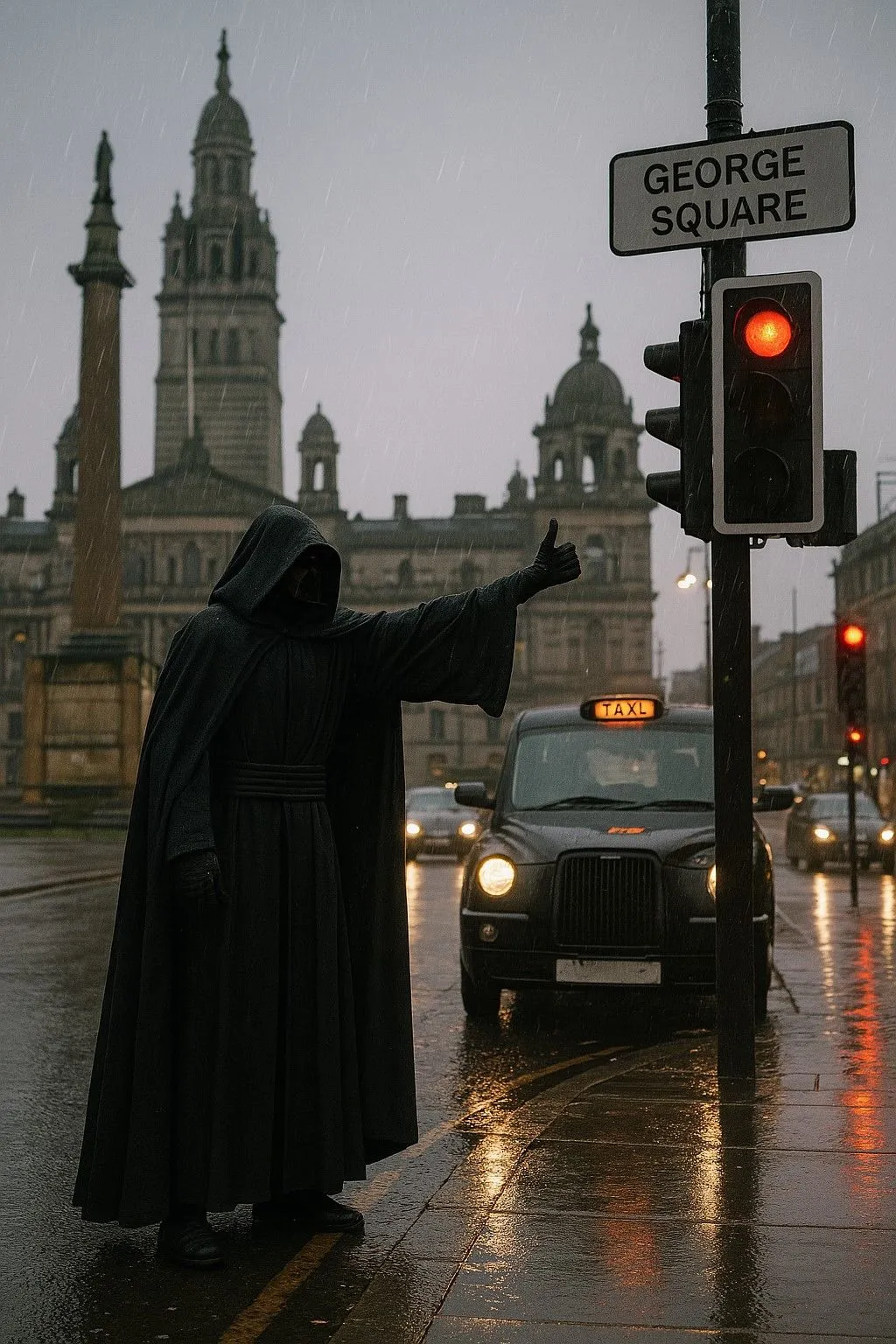 Một nhân vật cao lớn, bí ẩn giống Chúa tể Sith đứng ở Glasgow do ChatGPT 4o tạo
