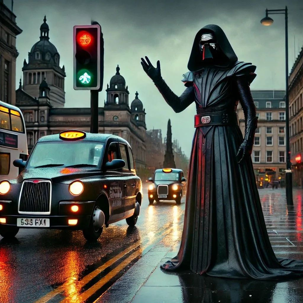 Một nhân vật cao lớn, bí ẩn giống Chúa tể Sith đứng ở Quảng trường George, Glasgow do DALL-E tạo