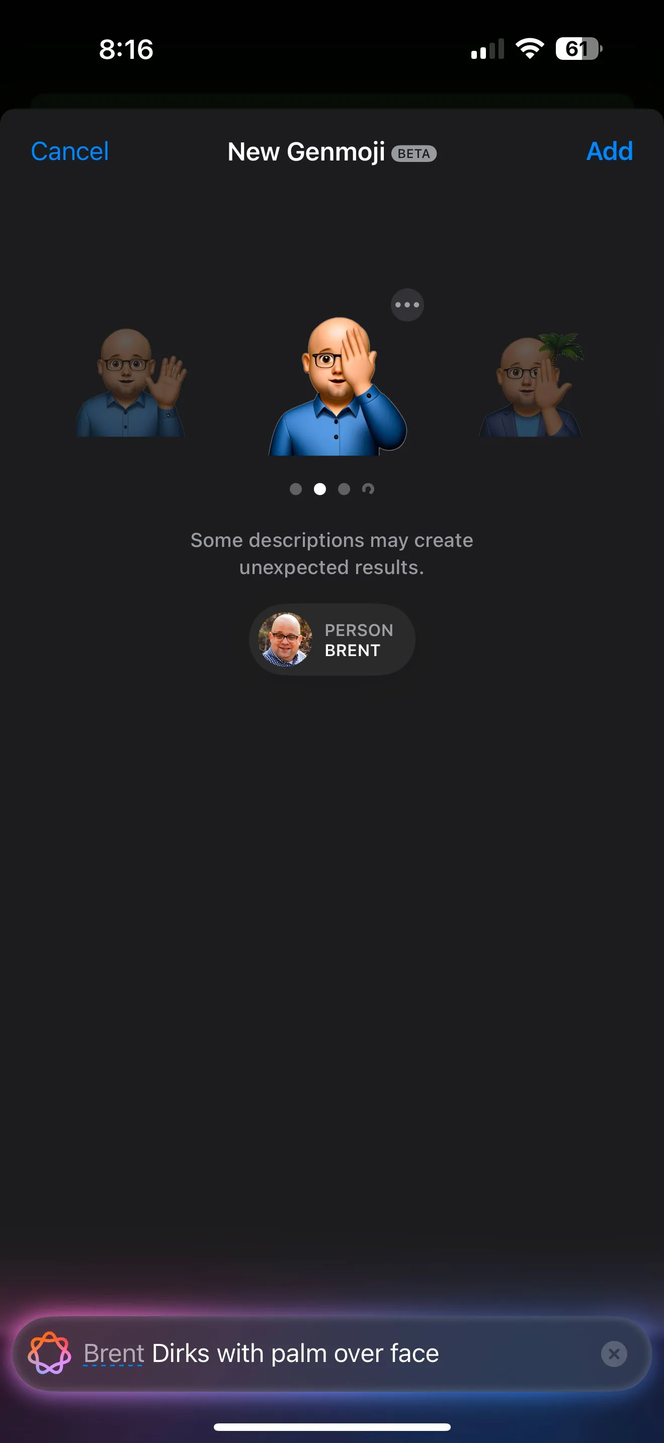 Một ví dụ Genmoji được tạo ra, thể hiện biểu cảm &quot;facepalm&quot; độc đáo từ mô tả của người dùng.