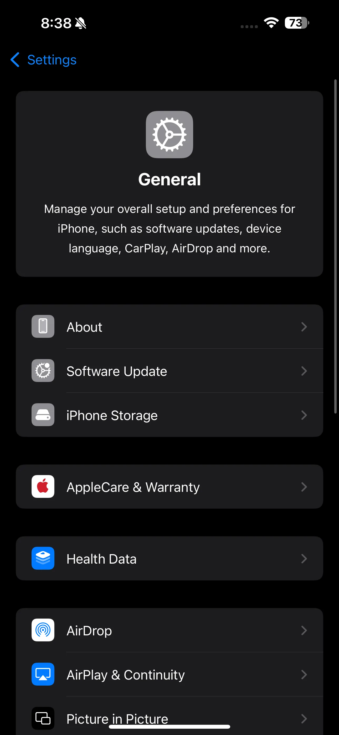 Mục Cài đặt chung (General) trong ứng dụng Cài đặt trên iPhone