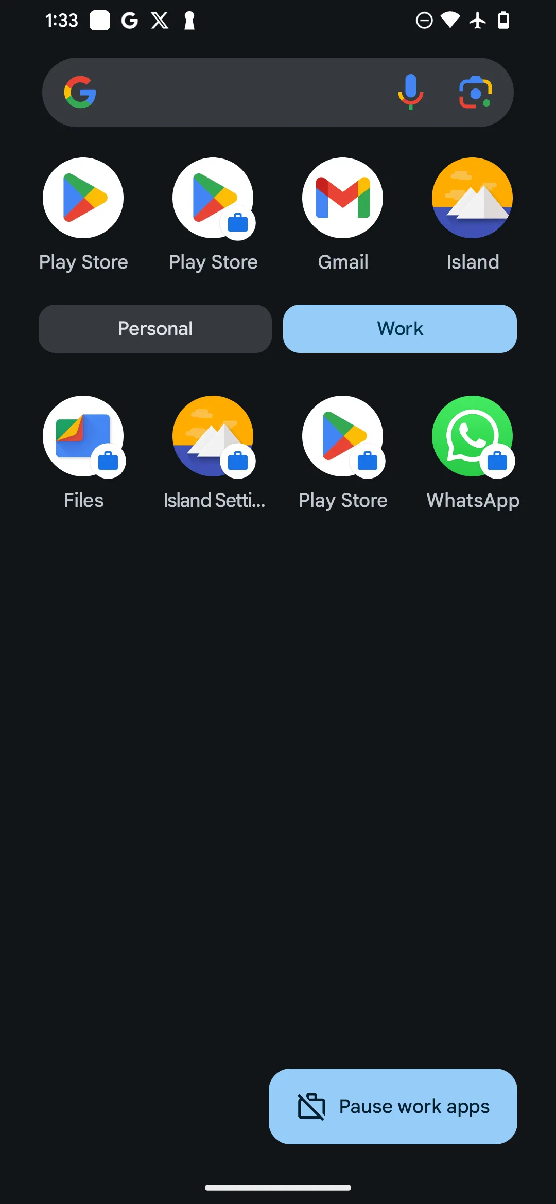 Ngăn kéo ứng dụng Android với mục Hồ sơ công việc chứa các ứng dụng đã nhân bản bằng Island