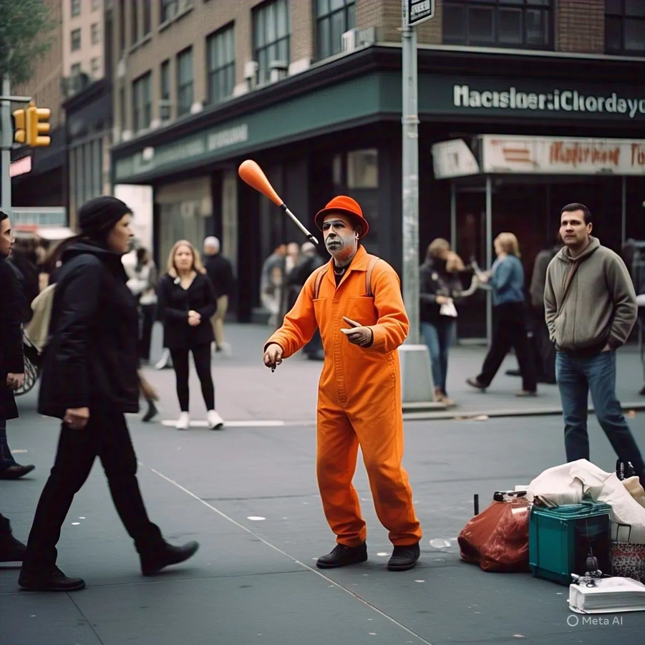 Người biểu diễn đường phố với hậu cảnh thành phố New York có chi tiết sai lệch trong ảnh AI