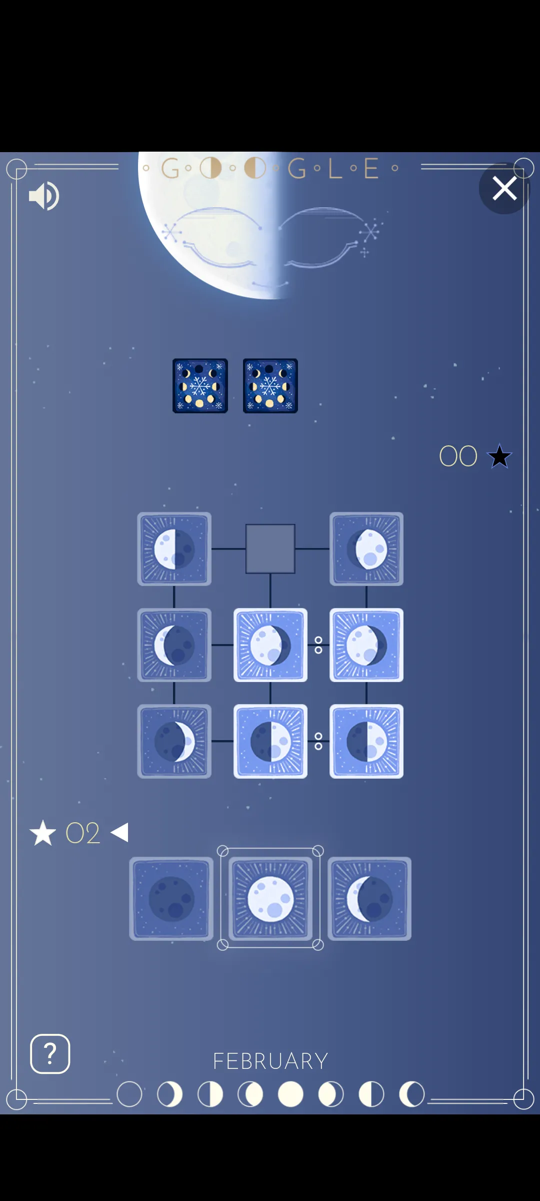 Người chơi tương tác với giao diện game The Rise of the Half Moon của Google Doodle với các thẻ bài biểu tượng mặt trăng trên bảng.