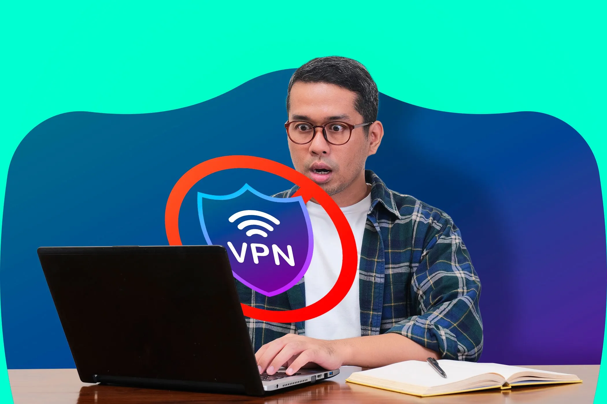 Người đàn ông ngạc nhiên nhìn vào màn hình laptop hiển thị biểu tượng VPN, thể hiện sự ảnh hưởng của việc sử dụng VPN đến tốc độ kết nối internet khi kiểm tra.