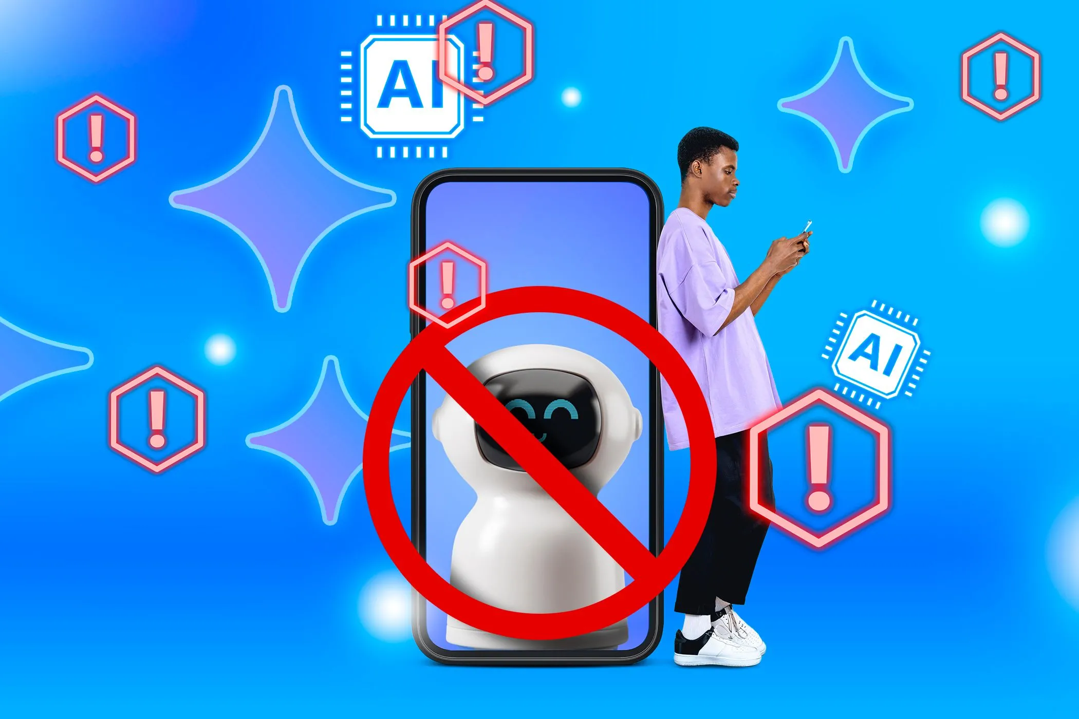 Người đàn ông sử dụng điện thoại với robot và biển cấm trên màn hình, tượng trưng cho hạn chế của tác nhân AI