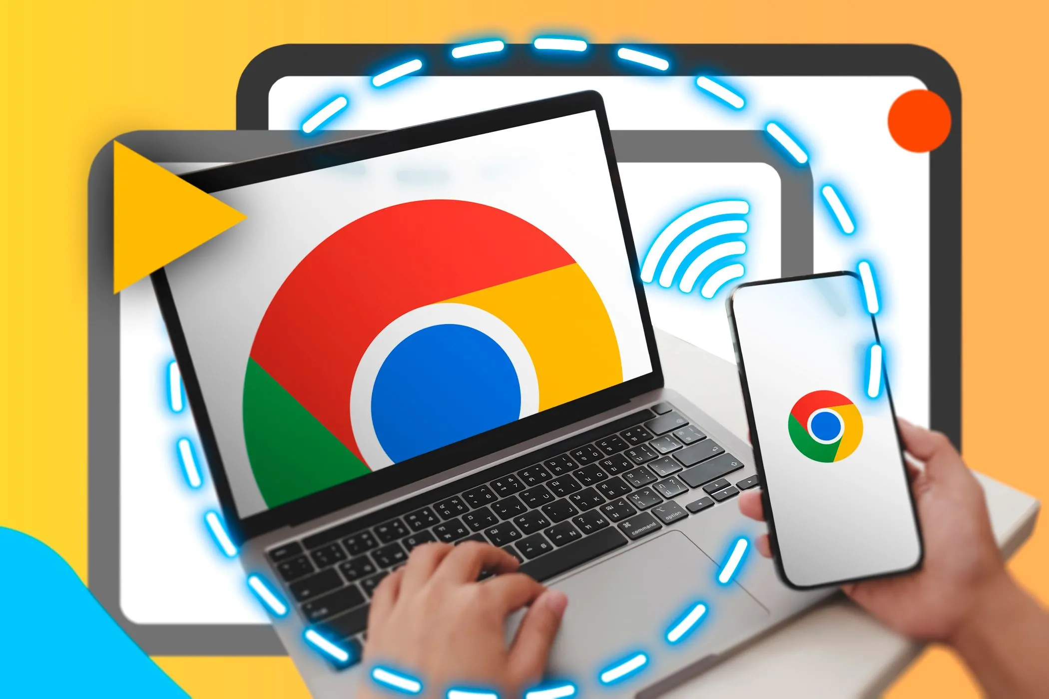 Người dùng cầm smartphone bên cạnh laptop, cả hai thiết bị đều hiển thị logo Google Chrome và biểu tượng kết nối, minh họa tính năng đồng bộ hóa đa nền tảng của trình duyệt.
