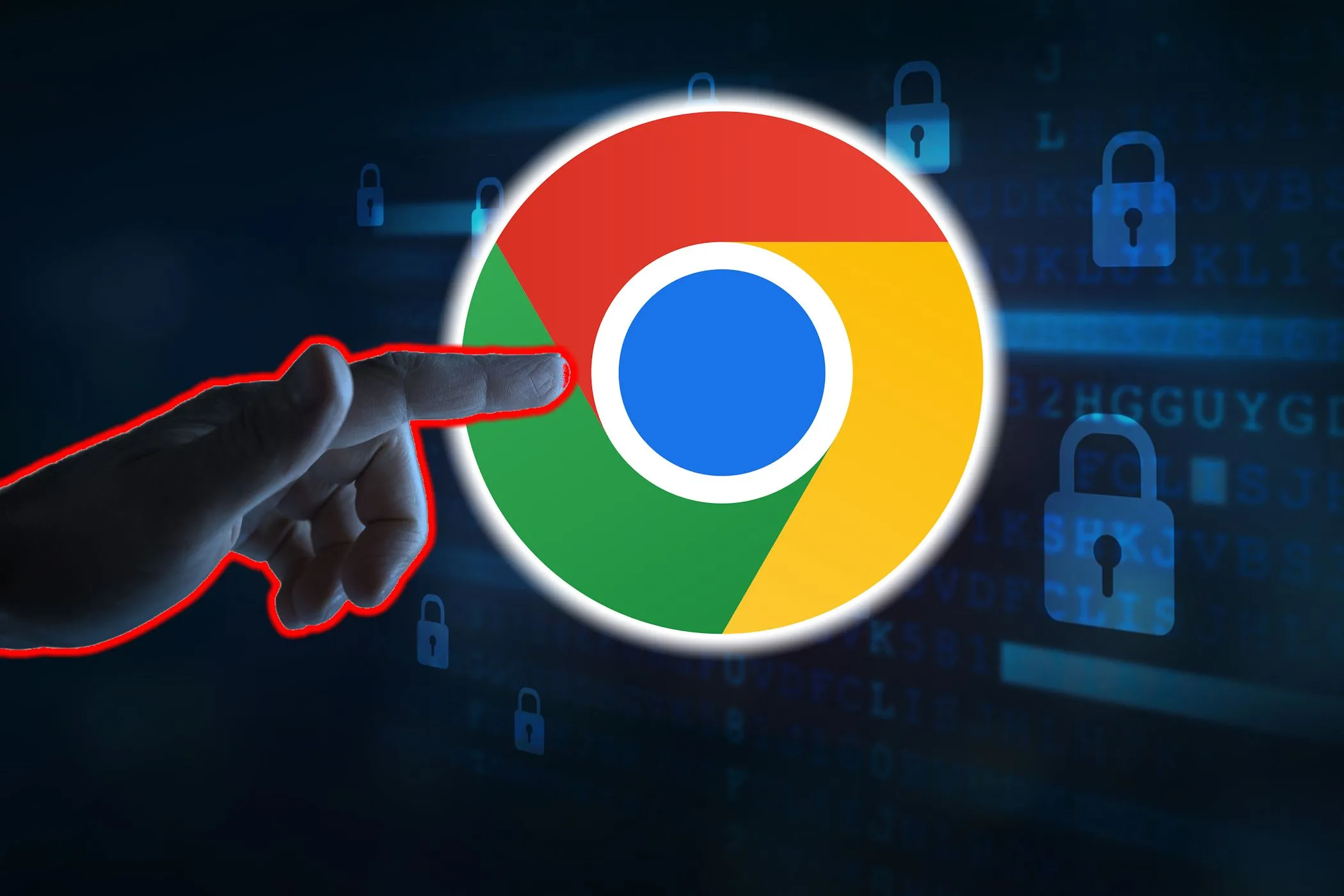 Người dùng đang chỉ vào biểu tượng Google Chrome, thể hiện mối lo ngại về bảo mật trực tuyến khi đối mặt với các cuộc tấn công mạng sử dụng AI.