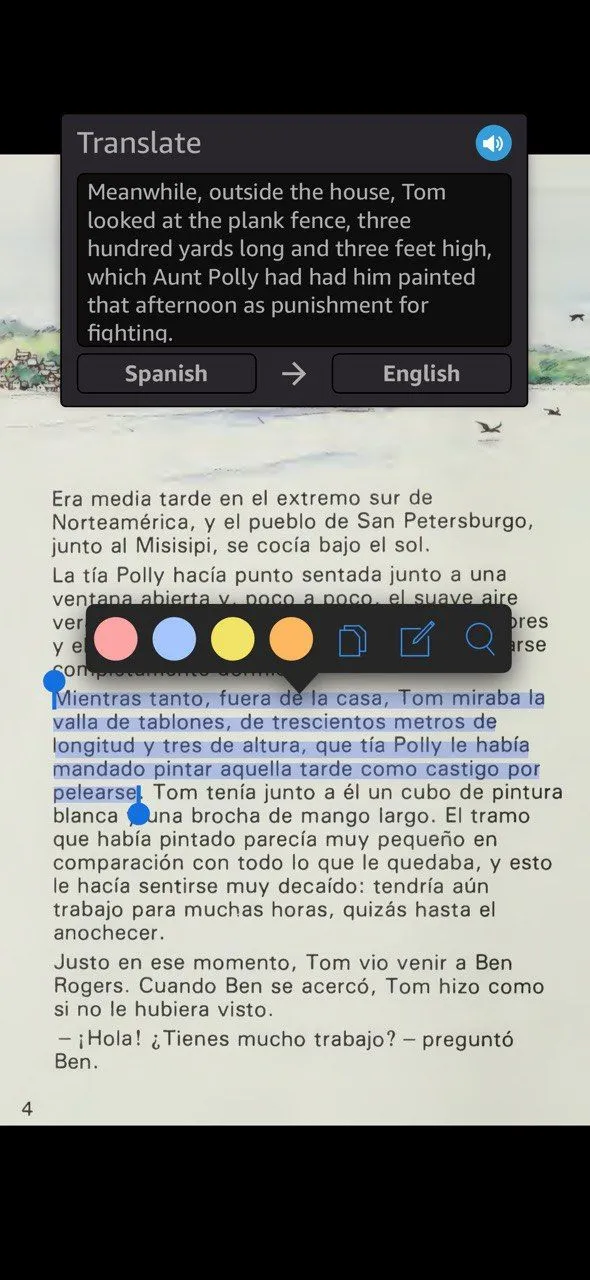 Người dùng đang highlight từ vựng tiếng Tây Ban Nha trên màn hình Kindle để tra cứu từ điển và dịch, hỗ trợ học ngôn ngữ hiệu quả hơn.