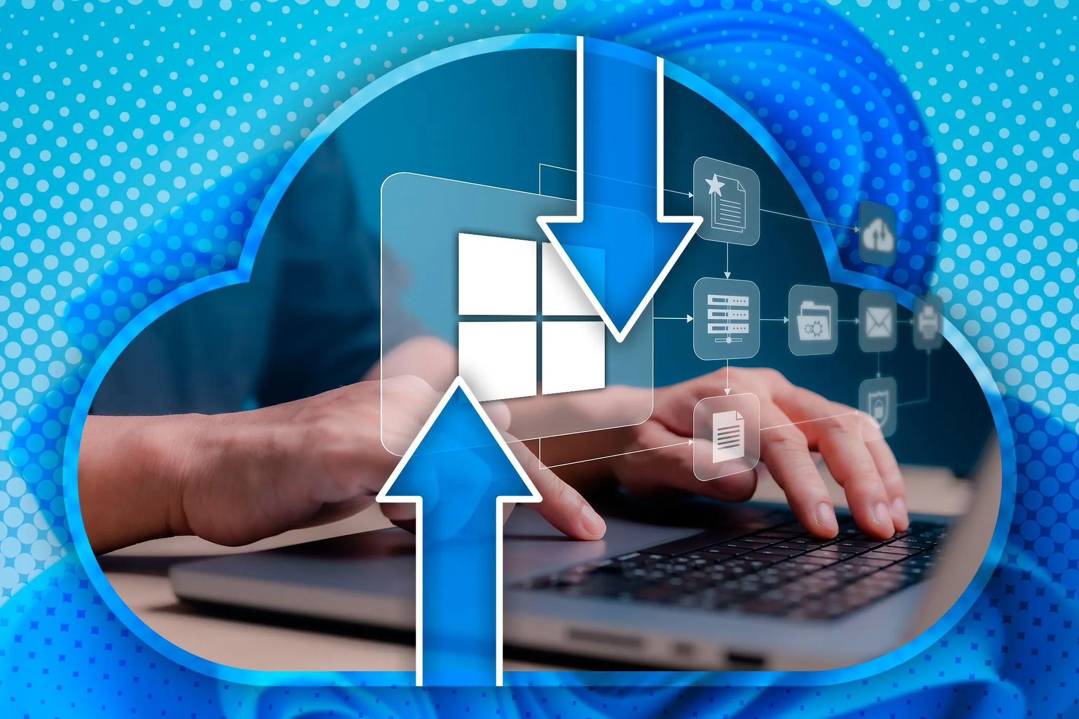 Người dùng đang sao lưu dữ liệu trên laptop, các biểu tượng đám mây và backup bảo vệ dữ liệu