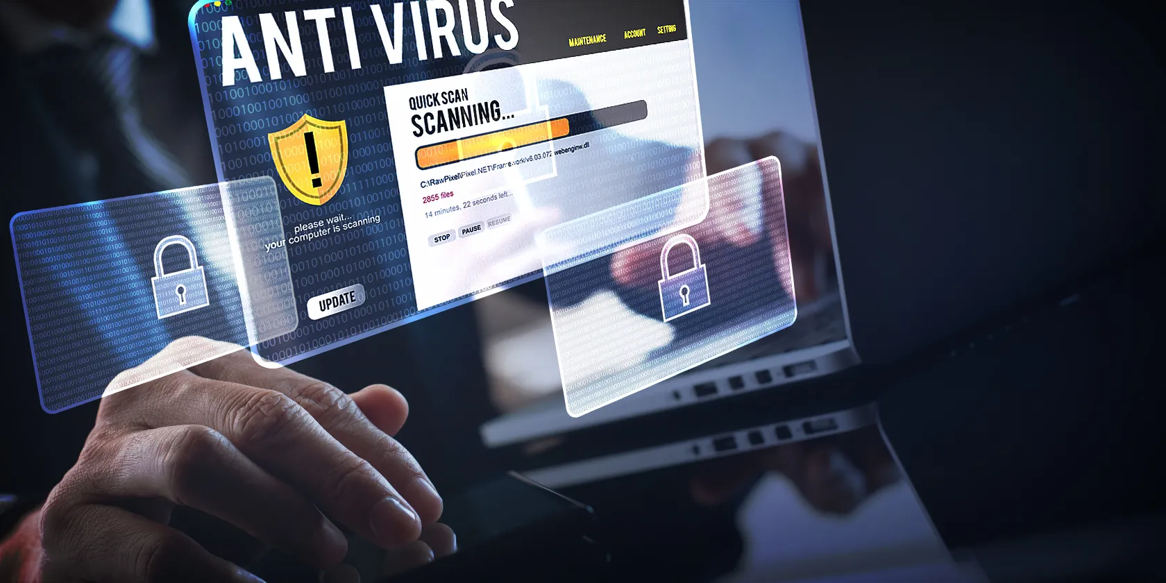 Người dùng đang thao tác trên máy tính, biểu tượng công cụ quét virus và bảo mật mạng