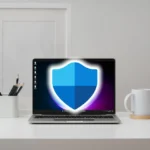 Người dùng đang tương tác với giao diện Windows Security trên màn hình laptop, biểu tượng bảo mật Windows nổi bật.