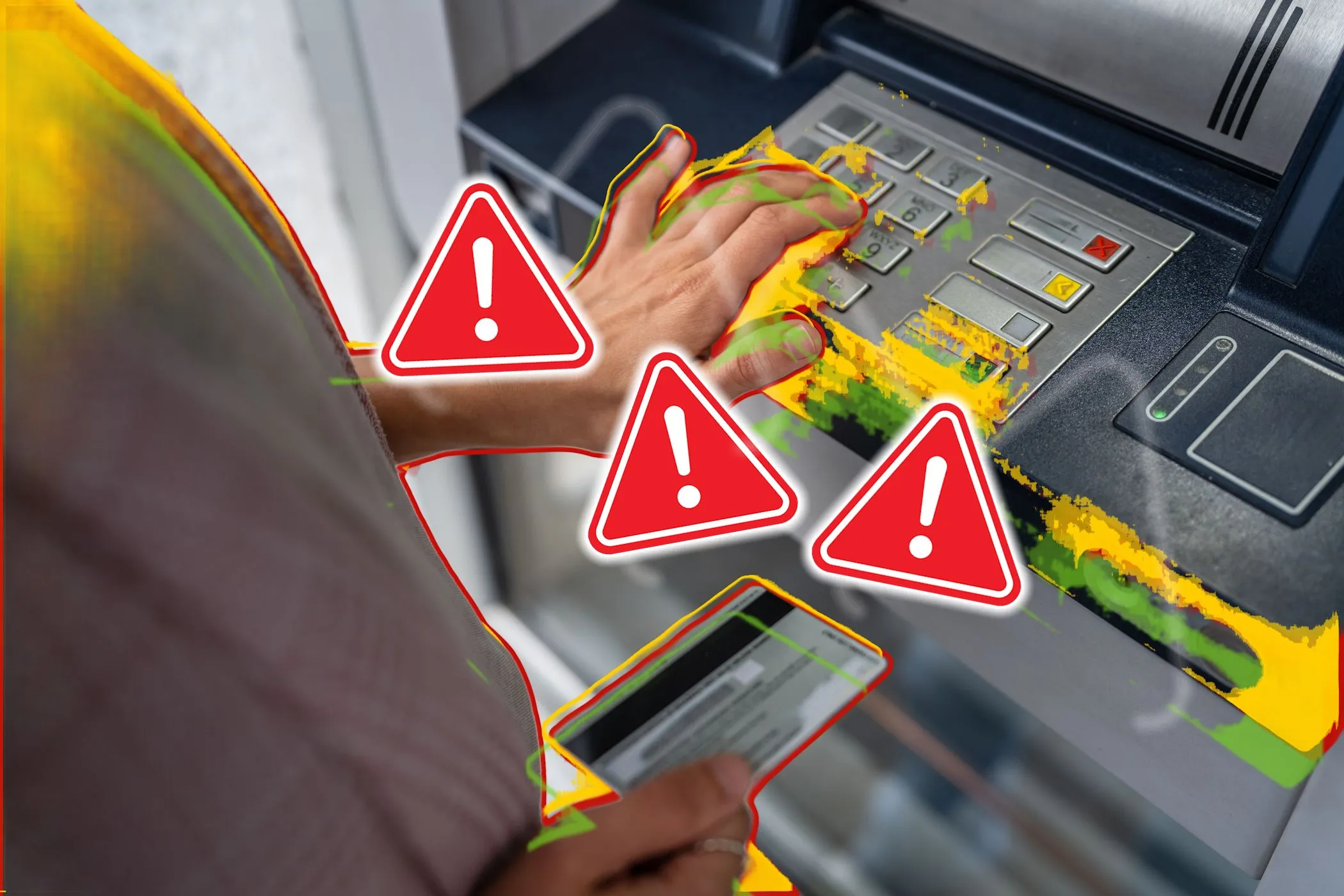 Người dùng đưa thẻ ngân hàng vào máy ATM với biểu tượng cảnh báo lừa đảo thẻ tín dụng