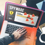 Người dùng thực hiện quét laptop để tìm phần mềm gián điệp với các biểu tượng cảnh báo