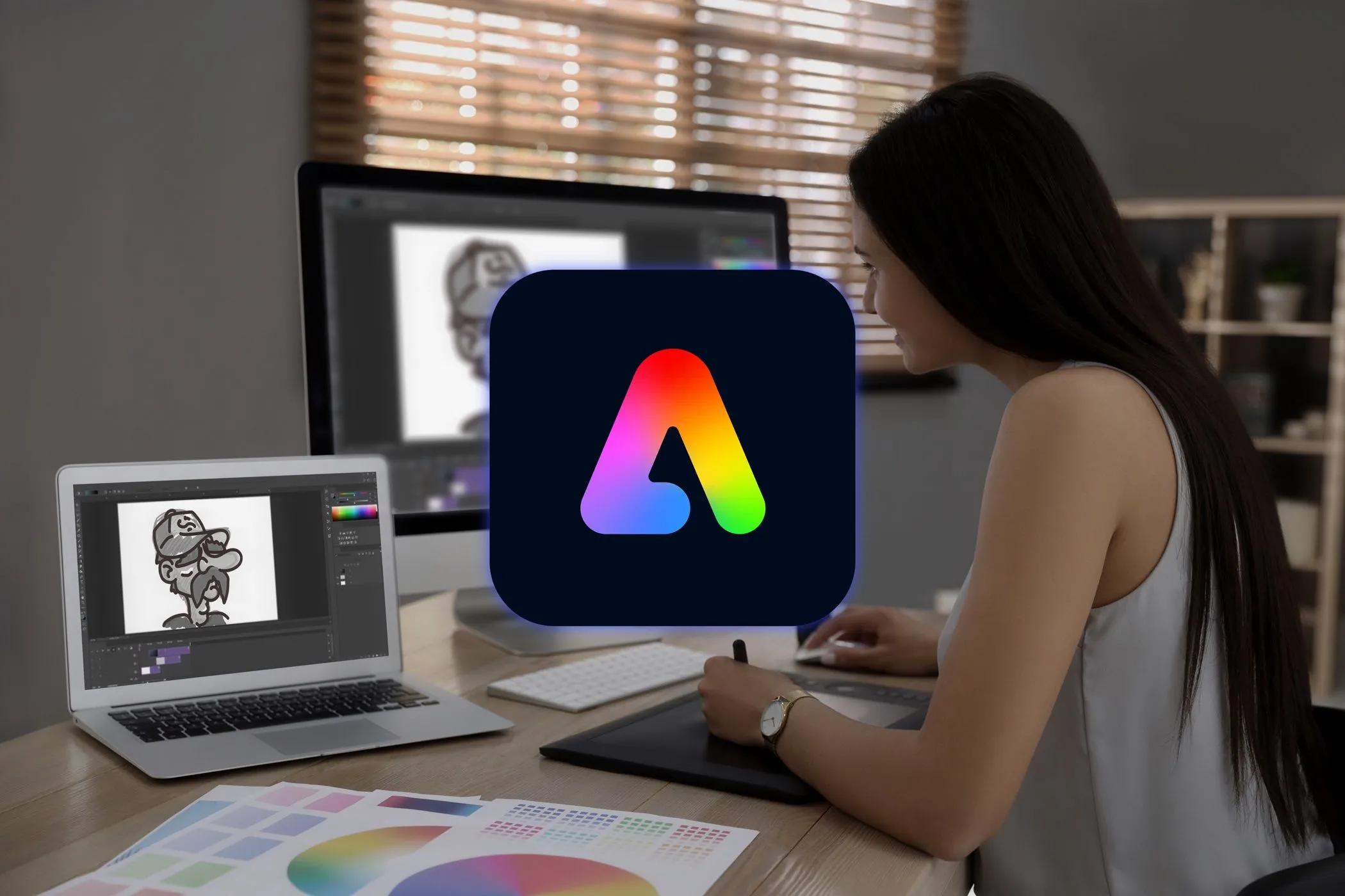 Người phụ nữ làm việc trên laptop, thiết kế đồ họa với sự hỗ trợ của AI Adobe Firefly
